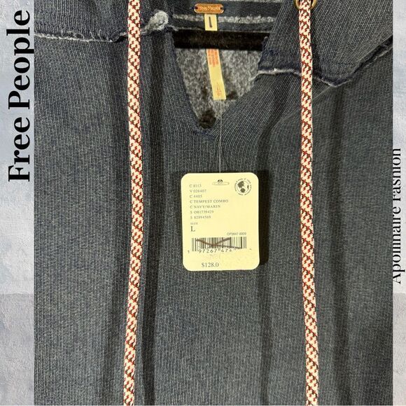 FREE PEOPLE JIMI HOODED SWEATSHIRT IN NAVY TAN COMBO LARGE NWT - Picture 6 of 6